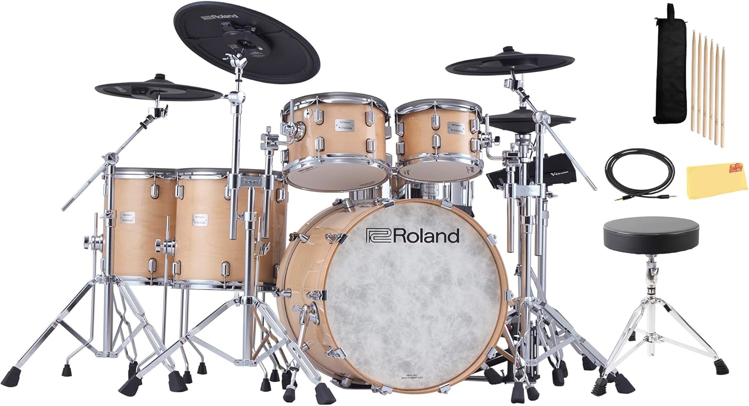 Roland VAD716-GN V-Drums Acoustic Design Electronic Drum Set - Gloss Natural Bundle with Drum Throne, Audio Cable, Drumsticks, Drumstick Bag, and Austin Bazaar Polishing Cloth