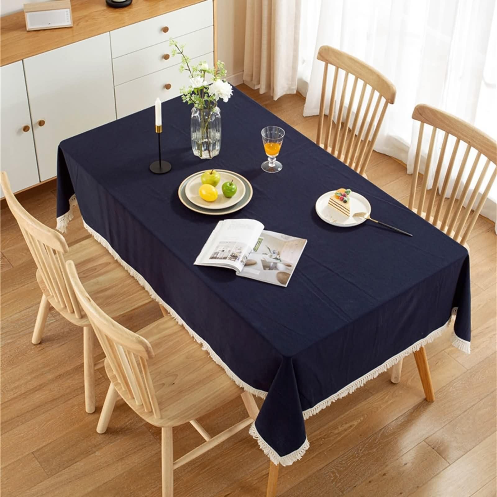 Manteles Mesa Rectángulo Cocina Color Sólido con Borlas Mantel de Algodon Azul Marino,140x200CM