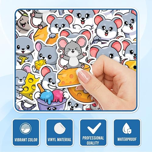 Miniatura 4 de Paquete de 50 calcomanías de ratas ratones de animales lindos para botellas de agua, impermeables, laptop, equipaje, computadora, álbumes de
