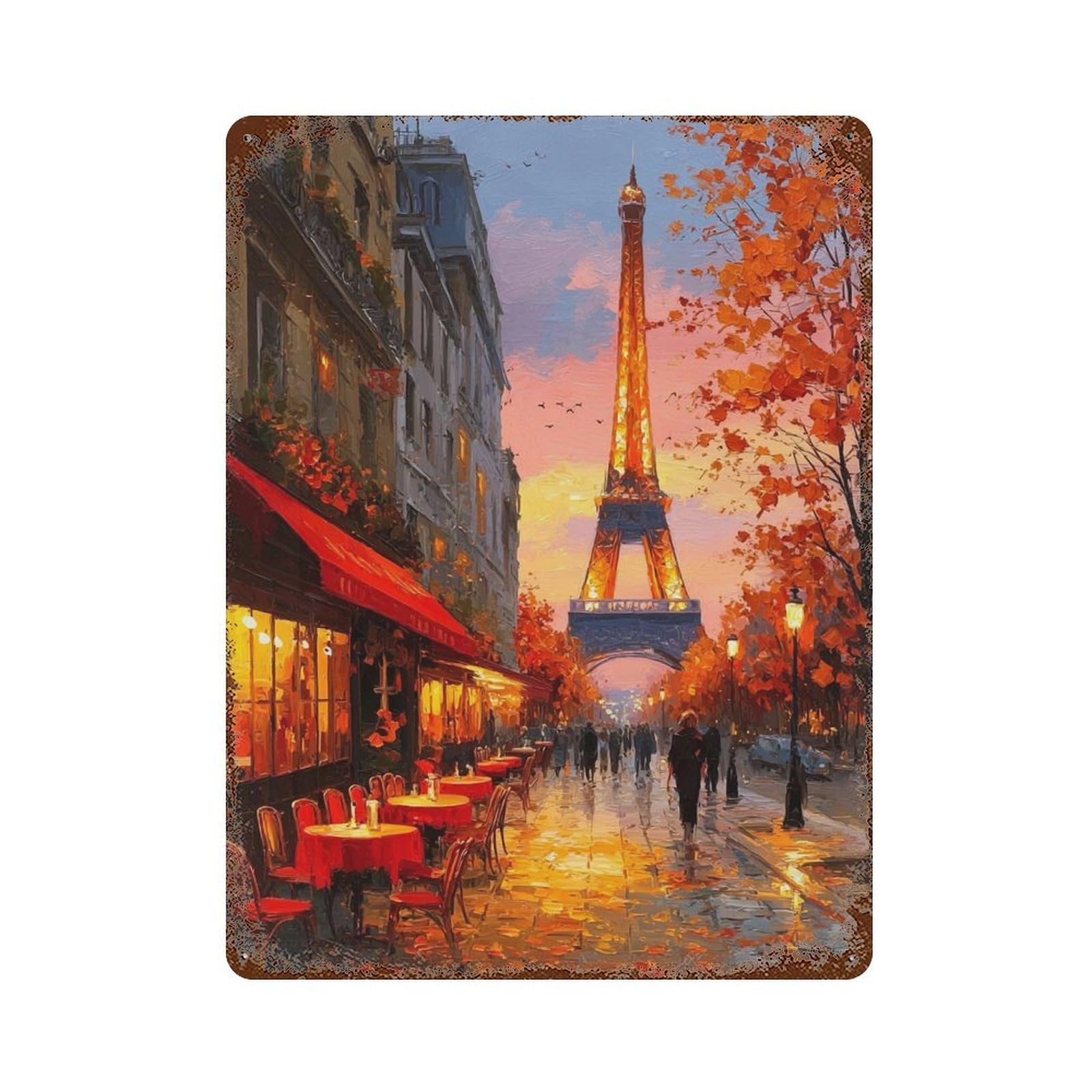 Garage Style Parisian Café with Eiffel Tower View Vintage Rust Metal Sign 15.7"x11.8", Industrial Home Decor for Bar And Workshop