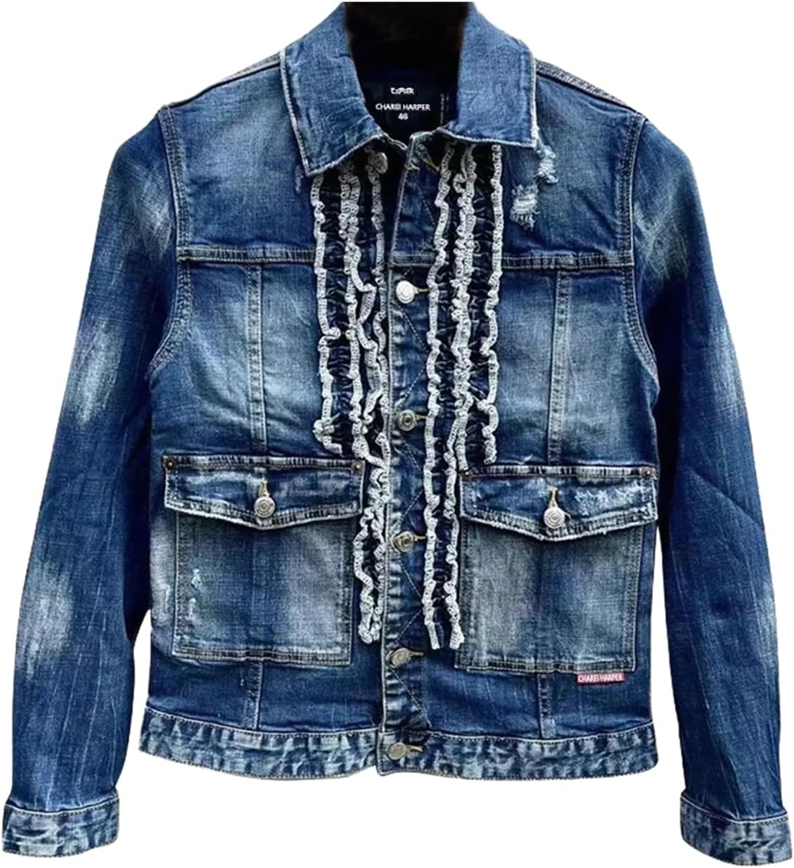 Mens Washed White Denim Jacket Ripped Patch Design Youth Hipster Streetwear Jean Coat