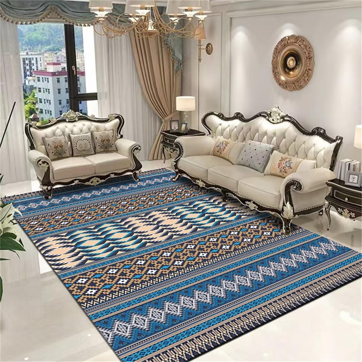Tapis de sol bleu vintage haut de gamme : le raffinement floral 180x280 pour votre salon