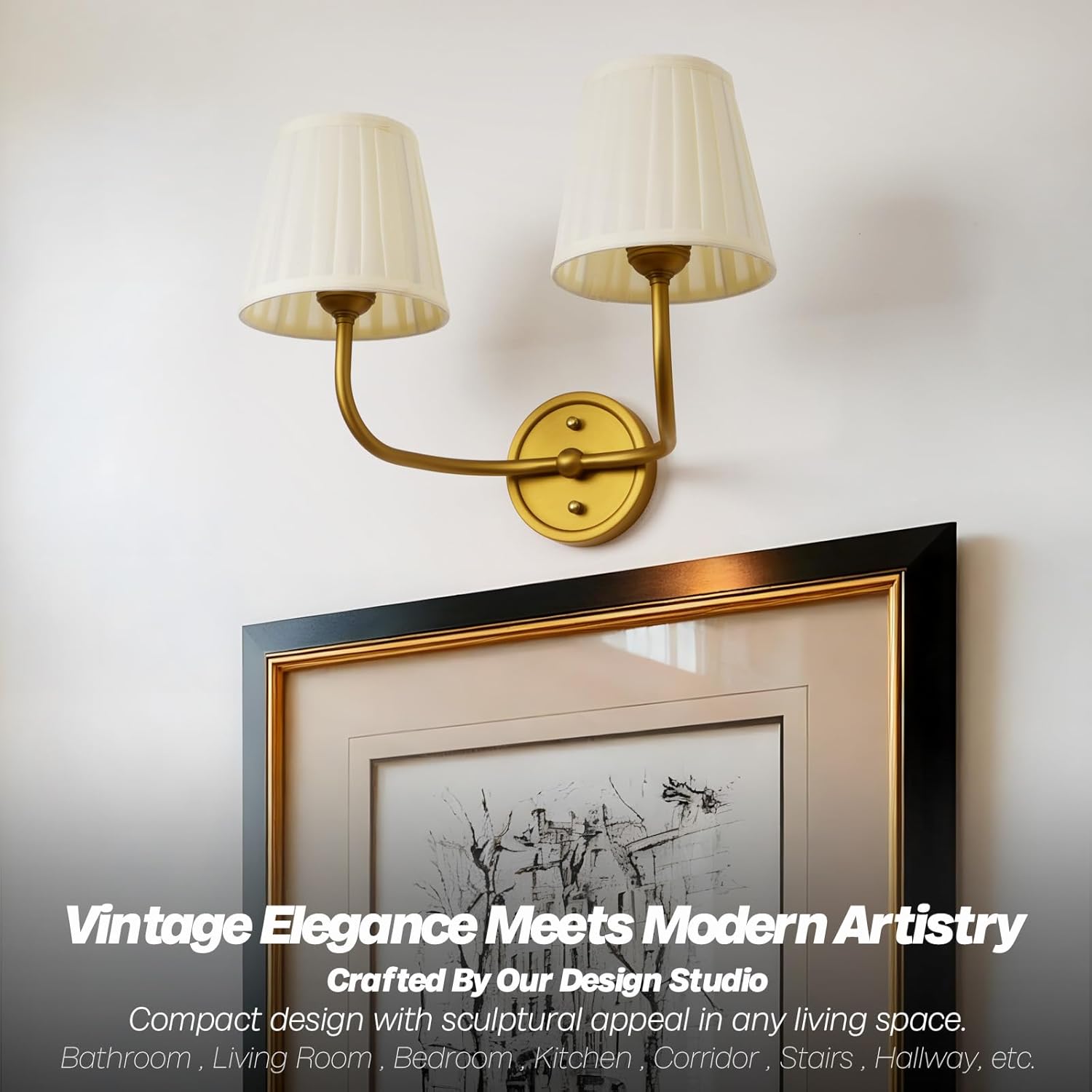 Vintage 2-Lights Wall Sconce Light Brass Gold Bathroom Vanity Light with Cream Fabric Shade Hardwire Double Wall Lamp Sconces for Bedroom Living Room Bathroom Kitchen Indoor E26