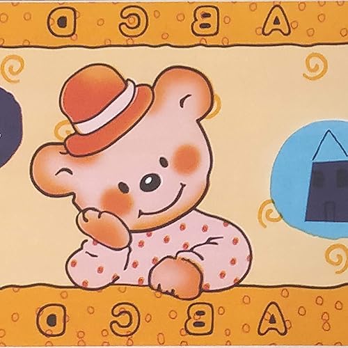 Dundee Deco BD2090 - Ositos de peluche naranjas amarillos para niños, diseño retro, rollo de 33 pies x 4 pulgadas, autoadhesivo