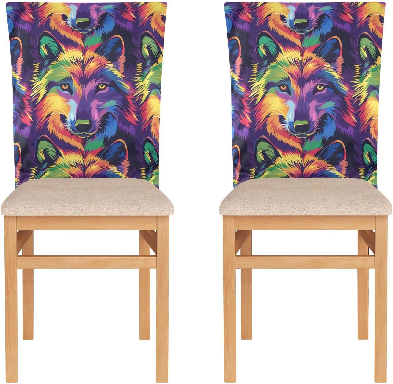 ALAZA Rainbow Wolves Chair Back Cover Set of 6, Washable Reusable Removable Chair Slipcovers Decorative Chair Cover for Home Kitchen Wedding Party