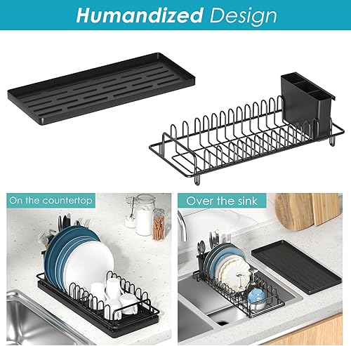 Miniatura 2 de Escurridor de platos pequeño, compacto con bandeja de silicona y cadena, escurridor multifuncional para fregadero para encimera de cocina y sobre el