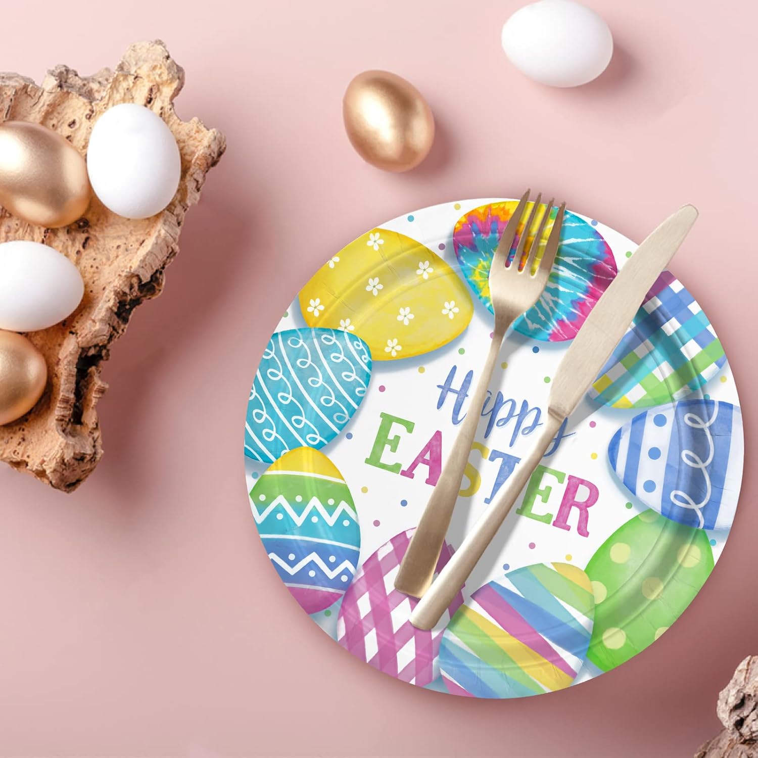 Happy Easter Party Supplies Kit, Disposable Dinnerware Includes, Paper Dinner Plates, Dessert Plates, Napkins for Easter party Decorations, Serve 50