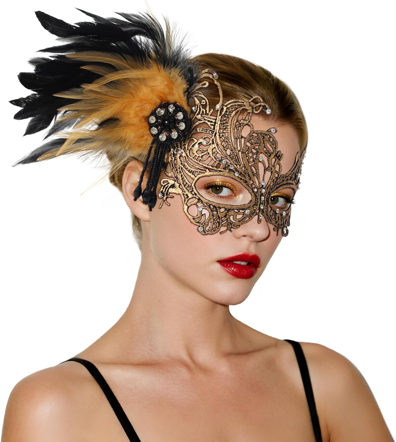 GUXIMIAR Lace Masquerade Mask for Women Mardi Gras Rhinestone Mask with Feather 1920s Venetian Party Accessories