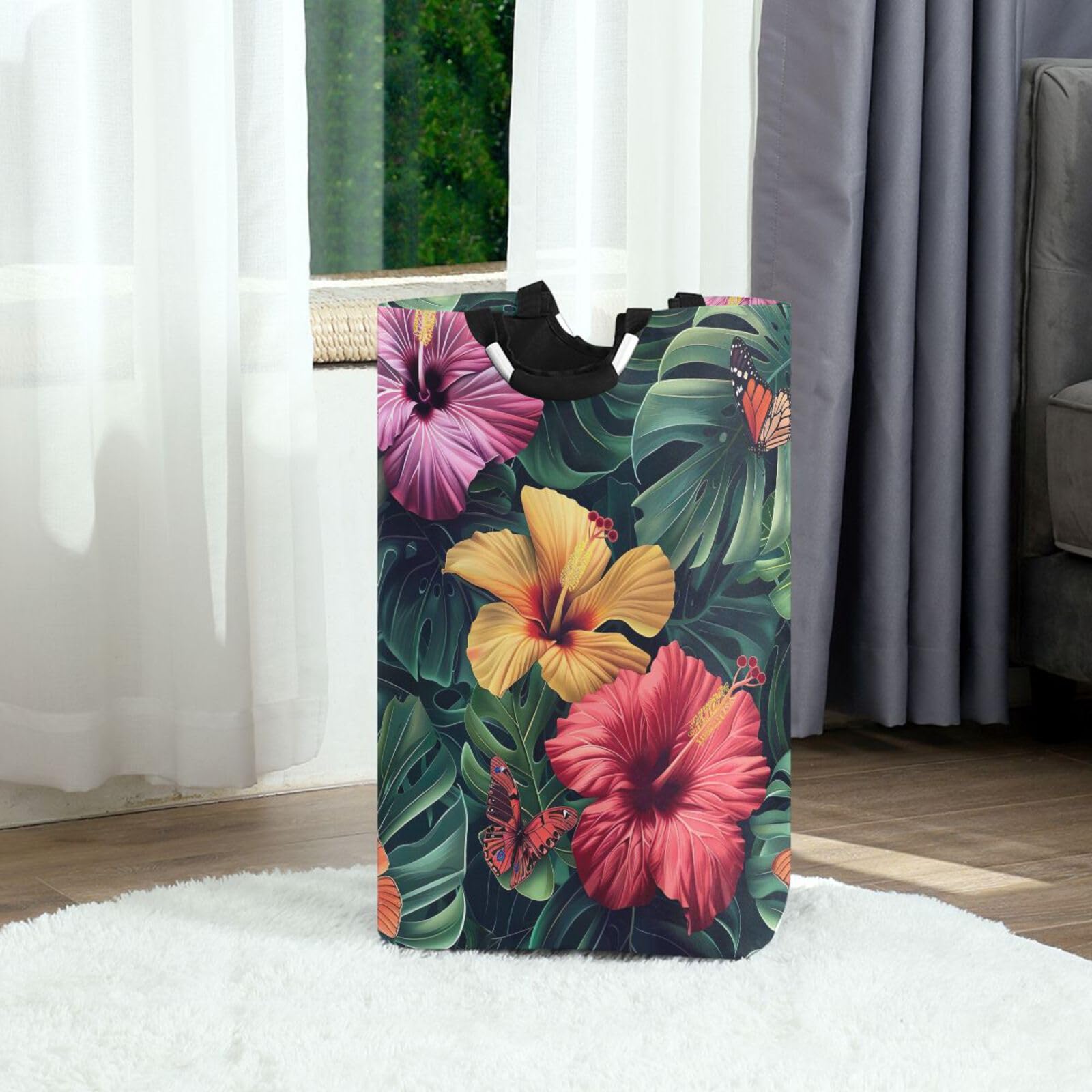 Jihqo Laundry Hamper Basket Tropical Flowers Collapsible Nursery Storage Bin Waterproof Clothing Baskets for Home Bedroom Bathroom Washing Room