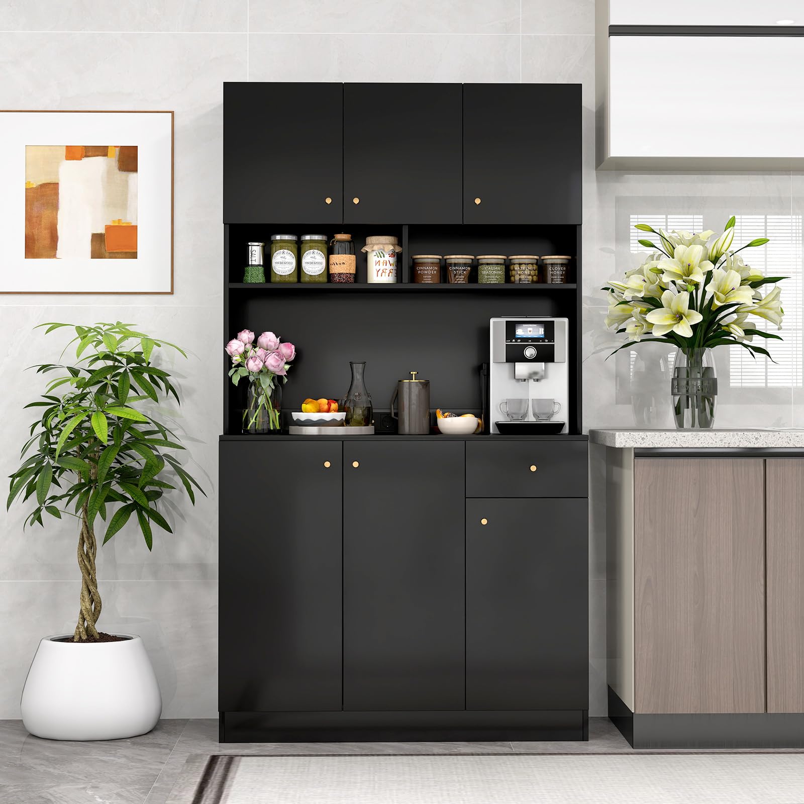 COSTWAY Buffet de Cuisine, Meuble de Cuisine avec Prises, 4 Placards, Grand Tiroir, Station de Recharge, Vaisselier, Armoire pour Salon, Salle à Manger, 100x40x181CM(Noir)