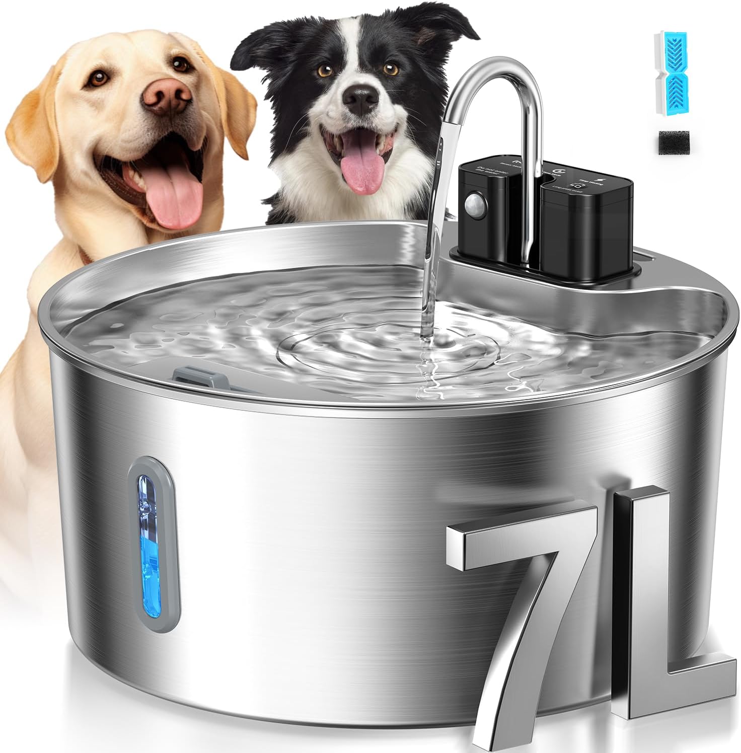Voluas Dog Water Fountain: 1.8Gal/7L Wireless Stainless Steel Dog Fountain Bowl for Small to Large Dogs, Battery Operated Pet Water Dispenser Indoor with Ultra-Quiet Pump, Easy Clean, 1 Filter