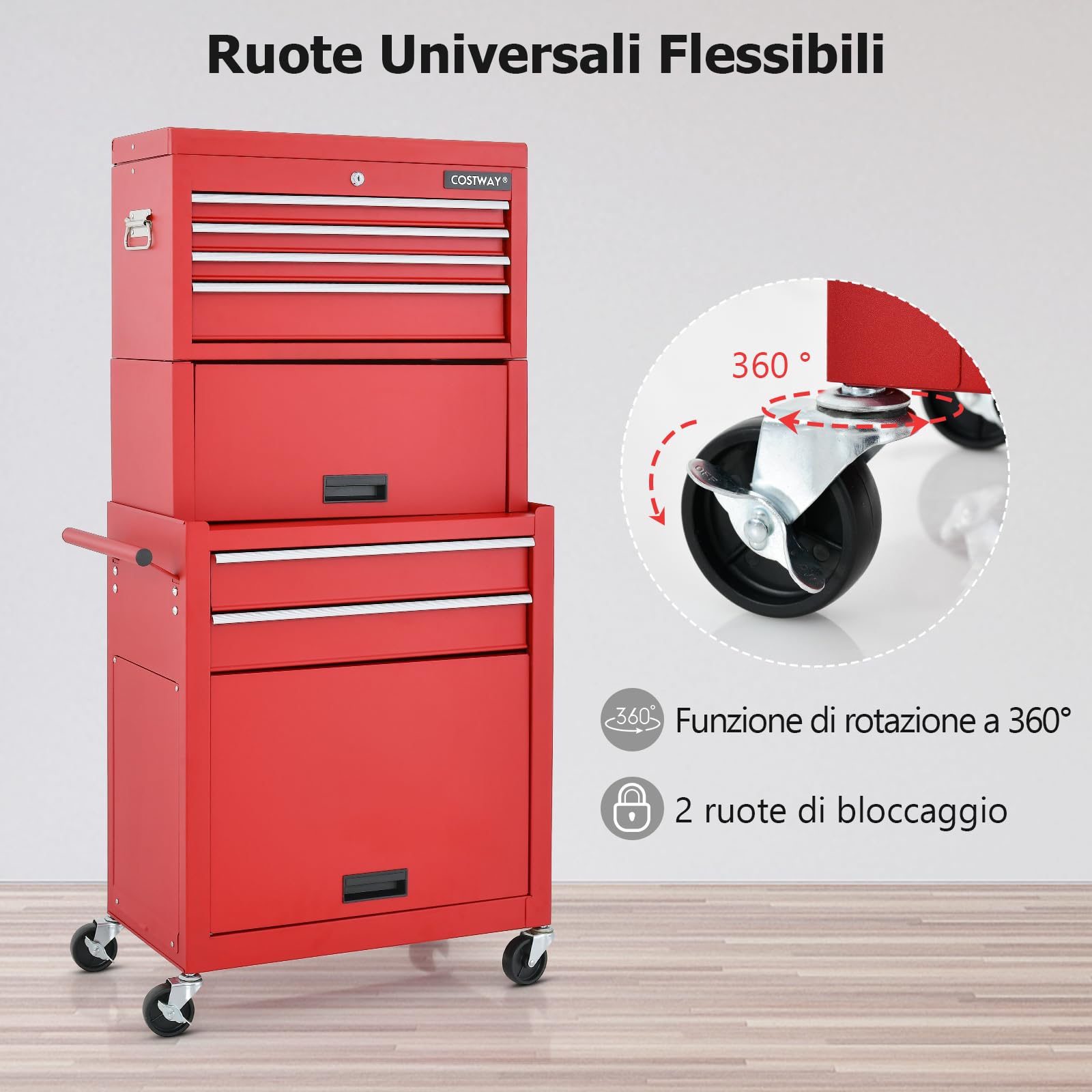 COSTWAY Cassettiera Portautensili a 6 Cassetti, Carrello per Attrezzi con Ruote Bloccabili, con Ripiano rimovibile e Serratura, 61,5 x 33 x 132 cm (rosso)