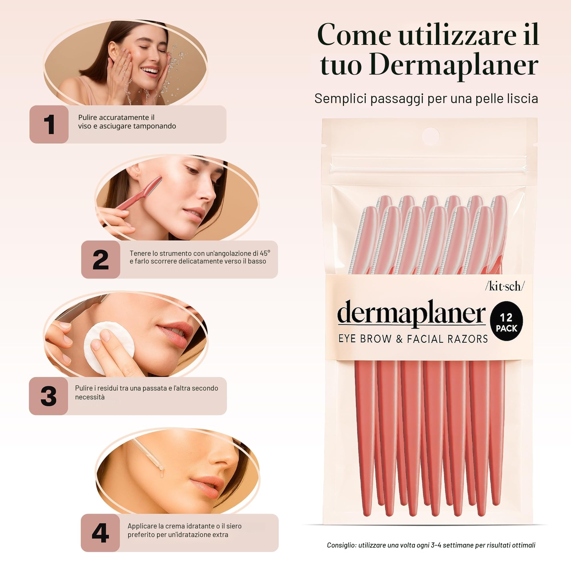 Kitsch Dermaplaning Tool - Rasoi per il viso da donna, rasoio per sopracciglia e viso, rimozione dei peli del viso, rasoi per il viso da donna, rasoio Dermaplane, 12 pezzi (Corallo)