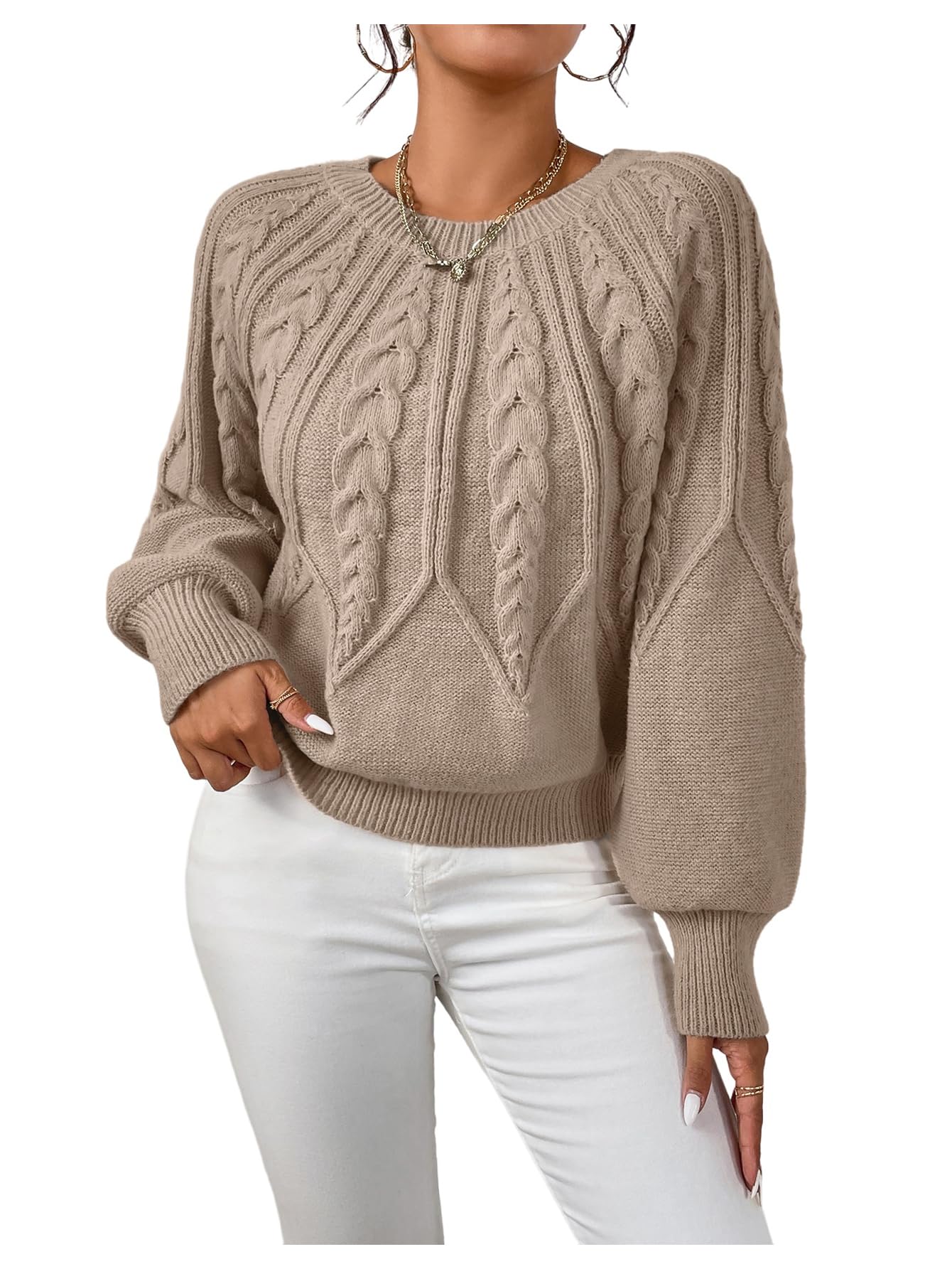SHENHE Womens Casual Crew Neck Sweater Long Sleeve Textured Cable Knitted Pullover Tops