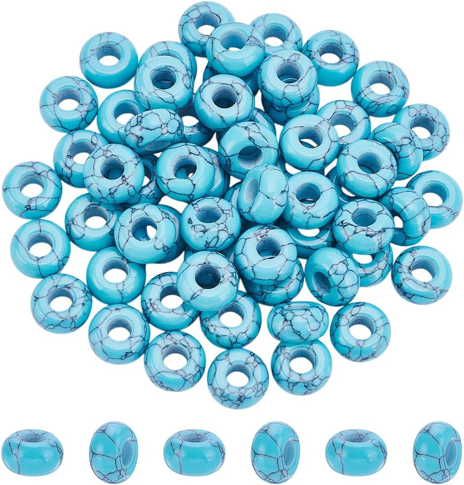 PH PandaHall 60pcs 12mm Turquoise Beads Gemstone Beads Large Hole Spacer Beads Rondelle European Beads Synthetic Turquoise Beads for Summer Bracelet Necklace Earrings Jewelry Making, Hole: 5mm