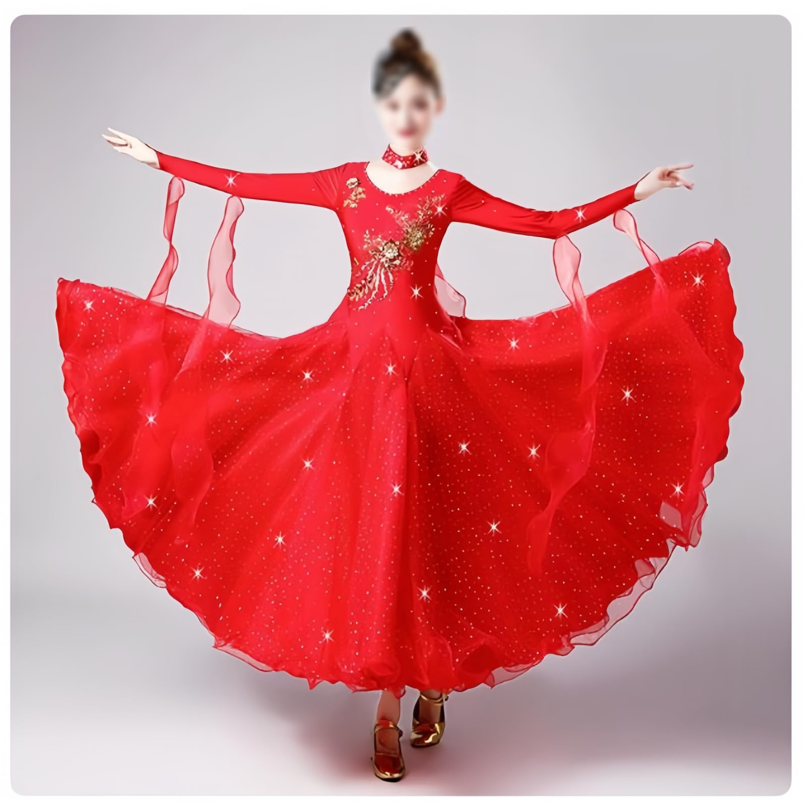 Ballsaal Tanzkleid Für Damen, Elegantes Langarm Tanzkleid Für Walzer Und Tango Modisches Tanzkleid Mit Rundhalsausschnitt Und Strass Für Tango Cha-Cha Rumba Salsa Und Partys