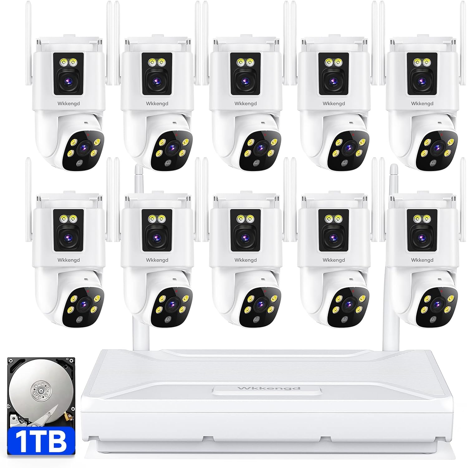 Wireless Security Camera System Outdoor, 10pcs 6MP Dual Lens Dual Screen 2K+2K 24/7 Recording Cameras with 1TB NVR