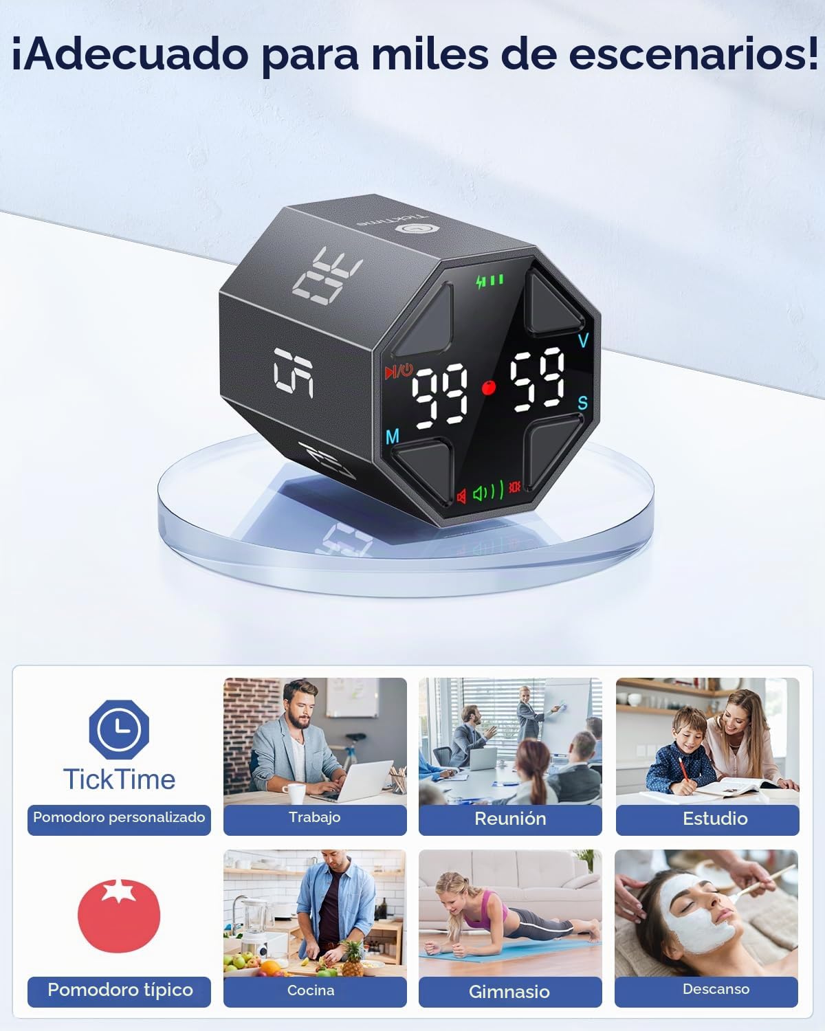 Ticktime T8 Pomodoro Timer para Enfoque, Estudio, Trabajo, Tareas, TDAH | Timer Pomodoro, Flip 3/5/10/15/30/45/60 min Countdown, Timer y Cronómetro, Pantalla Clara, 3 Avisos, Flip Pausa y Reanuda