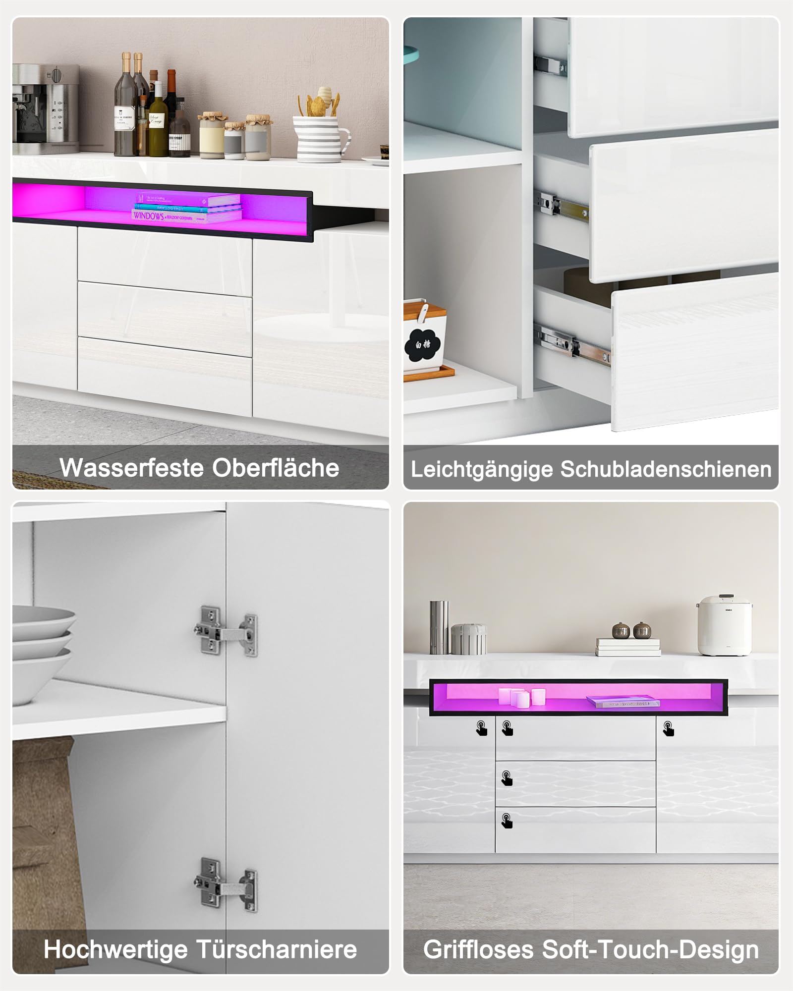 Modernes Weiß Glanz Sideboard, LED Sideboard Aufbewahrungsschrank, 160 x 35 x 72 cm, Wohnzimmer, 2 Türen, 3 Schubladen, TV-Einheit