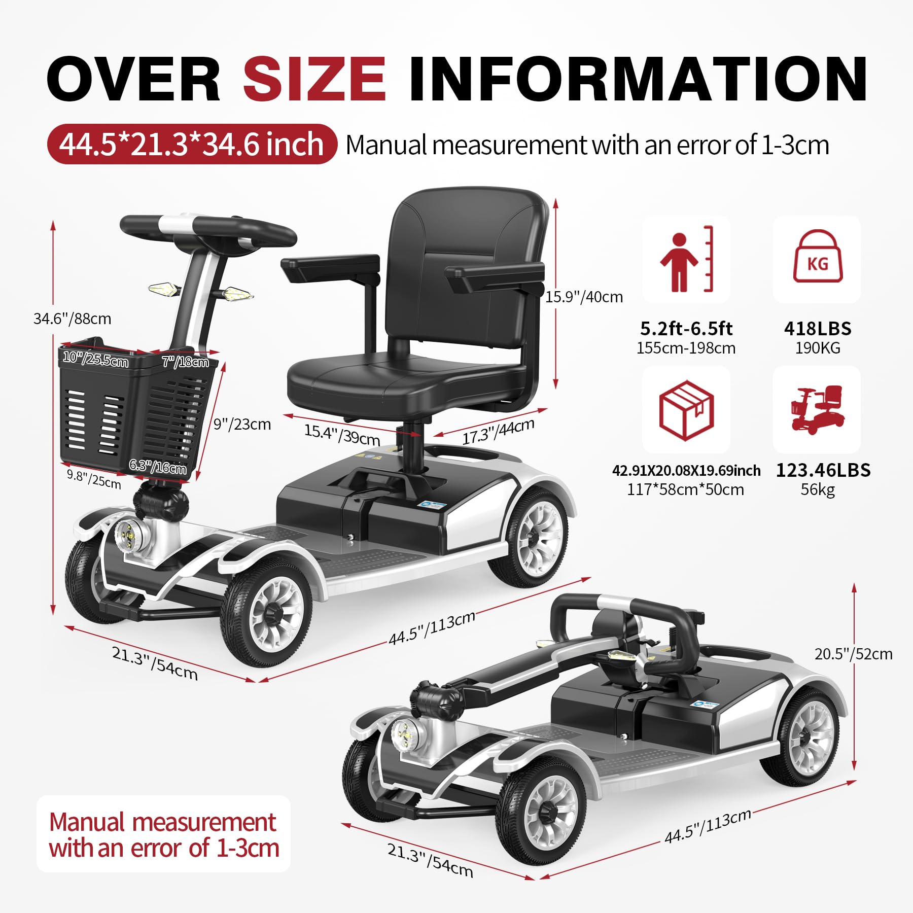 Scooter de movilidad plegable, silla de ruedas eléctrica plegable de 4 ruedas para adultos y personas mayores, con batería de largo alcance, cesta y luz para coche