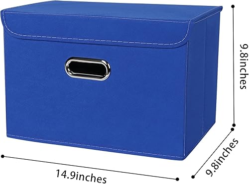 Miniatura 2 de Cubo de almacenamiento plegable de tela de lino con tapa, asas de cuero, divisor extraíble para el hogar, armario, azul oscuro, 3 unidades
