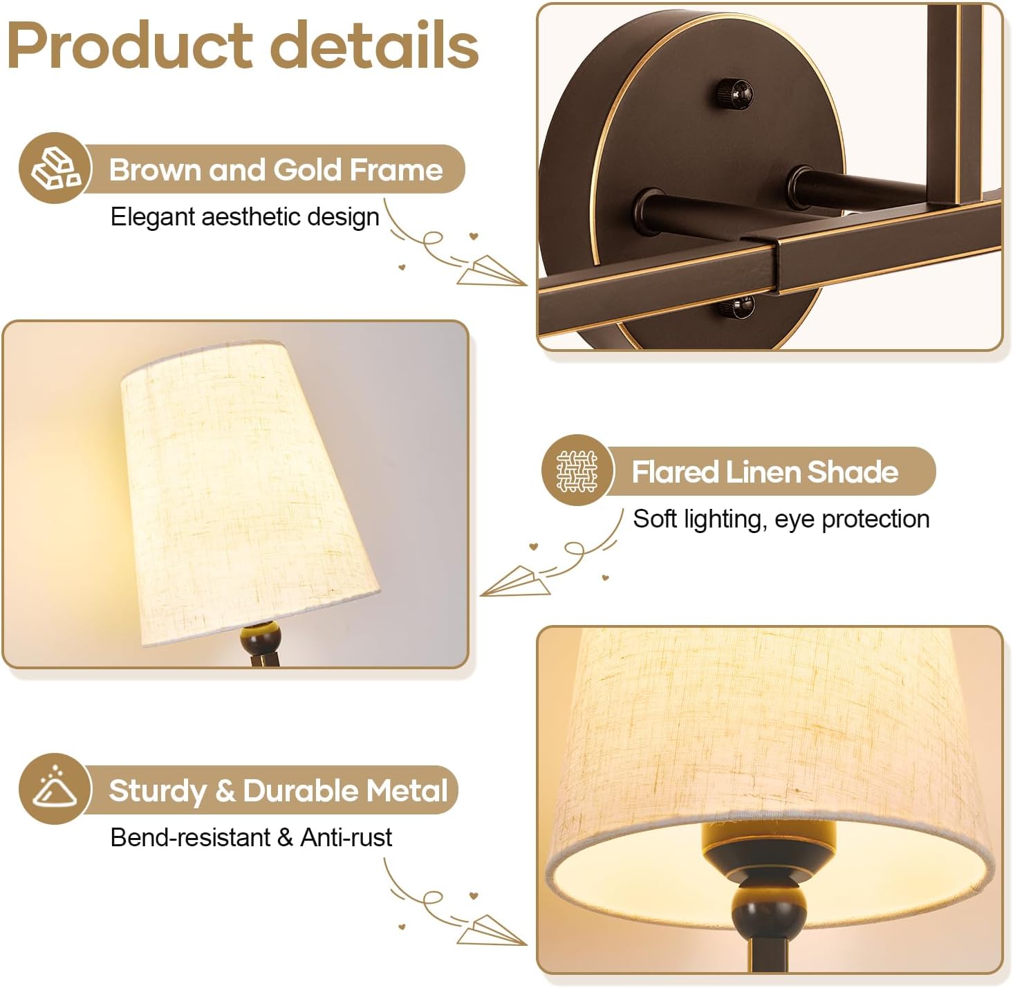 MOKATNG Bathroom Light Fixtures, 3-Light Oil-Rubbed Bronze Vanity Lights, Bathroom Lighting Fixtures Over Mirror with Flared Linen Shade, Modern Wall Sconces for Living Room Hallway