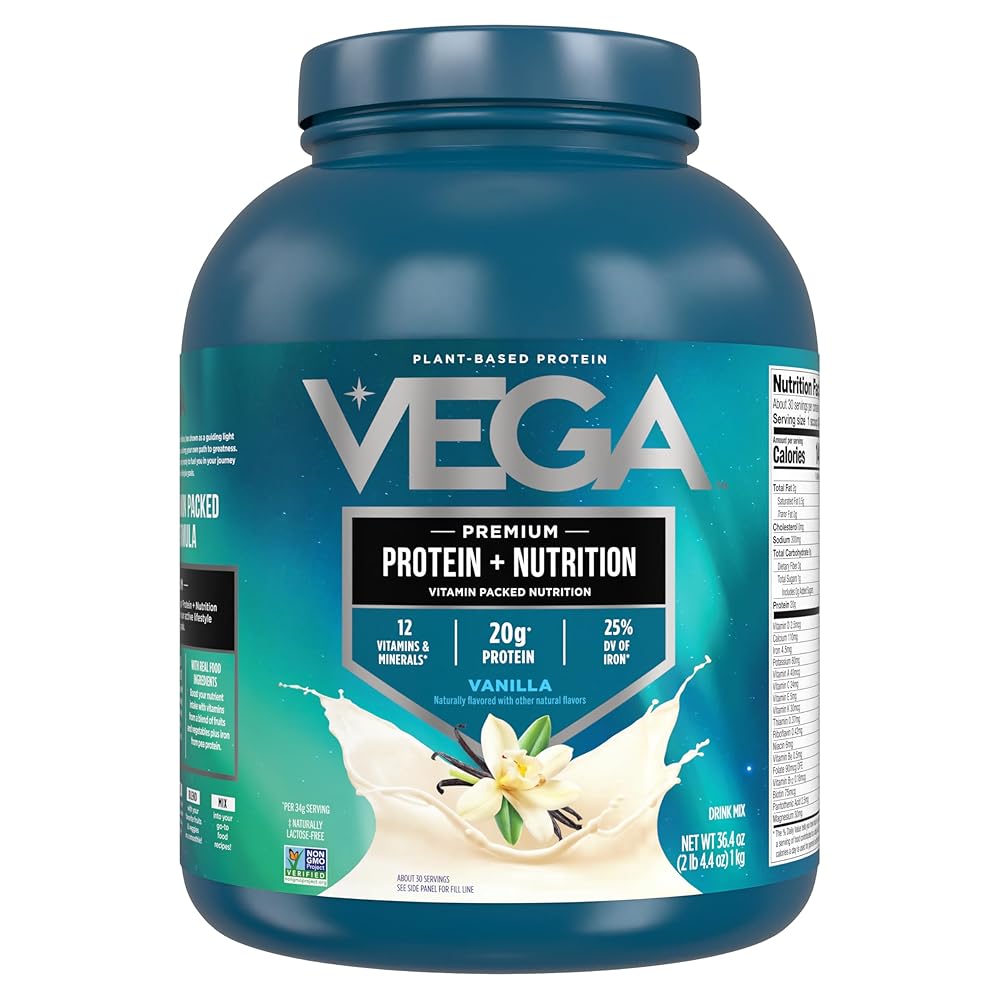 Vega Protein + Nutrition - 20g Plant-Based Pea Protein, Vanilla, 30 Servings, Vegan Keto Superfood, Antioxidant-Rich, Gluten Free, Dairy Free, Low Carb, 2.3lbs (Packaging May Vary)