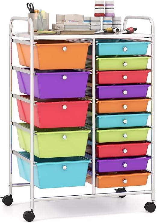 Giantex 15-Drawer Organizer Cart Office School Storage Cart Rolling Drawer Cart for Tools, Scrapbook, Paper (Multicolor)