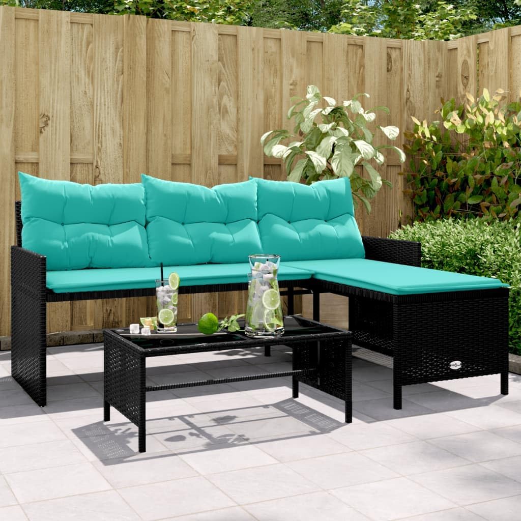 L-Shaped Outdoor Sectional Sofa, Black Poly Rattan, Tempered Glass Coffee Table, 47.2x67x28.5 in, 3-Seater, Waterproof, for Patio, Garden, Balcony