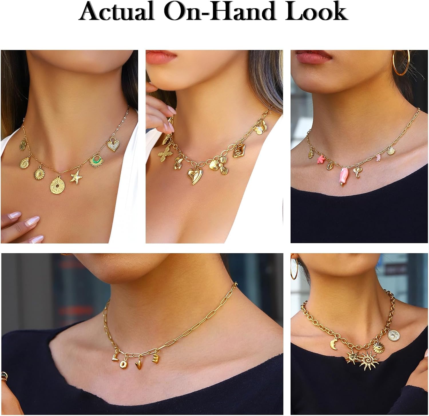 Gold Charm Necklace for Women,18K Gold Plated Paperclip Chain Chunky Charm Necklace with Removable Charms - Image 7