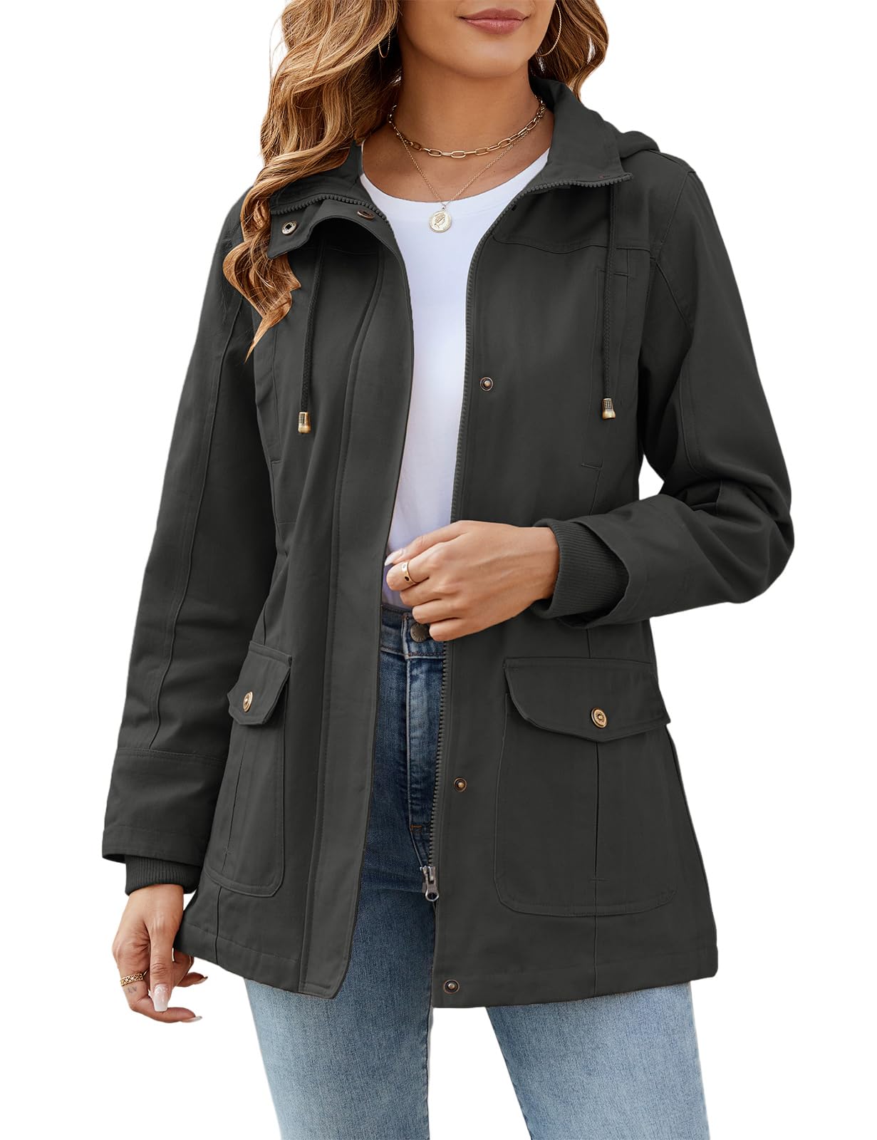 Vancavoo Veste Femme mi Saison Manteau Printemps Parka en Coton Blouson avec Capuche Légères et Décontractées Jacket Coat Classique Automne Hiver Outwear