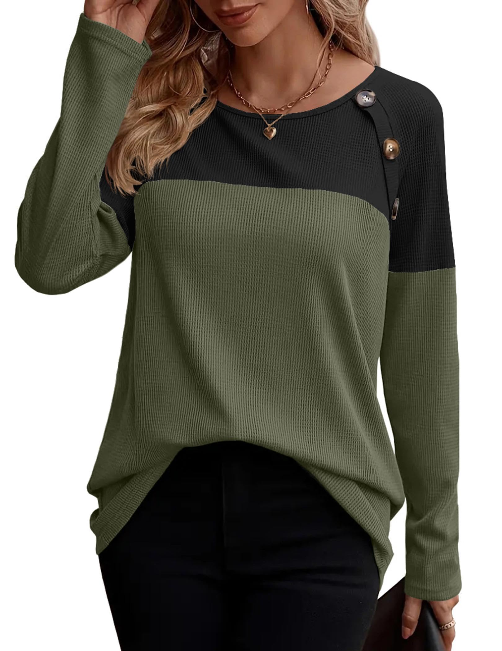 Zeagoo Women Waffle Knit Shirts Long Sleeve Colorblock Tee Button Detail Tunics