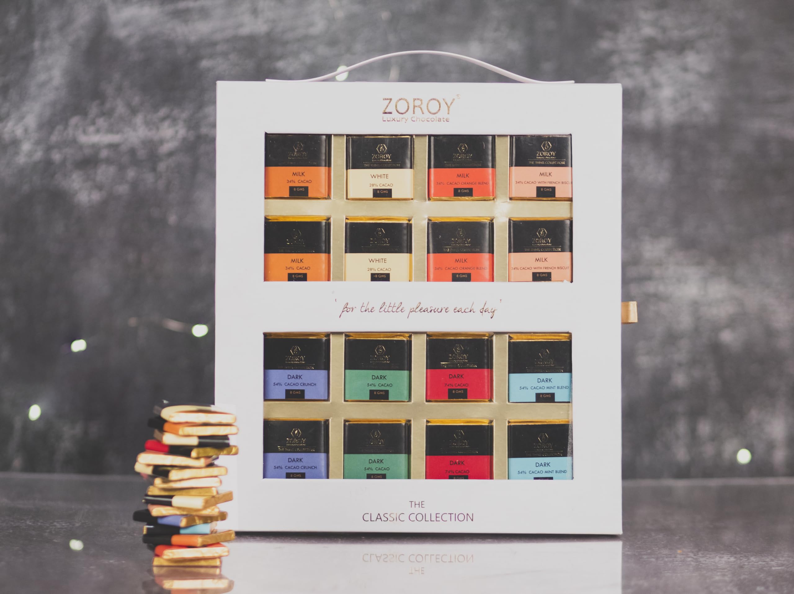 ZOROY LUXURY CHOCOLATE Box of 16 Pure Couverture Chocolate Thins | Dark Milk White chocolate | Signature Belgian style | Pure cocoa Butter Chocolates | 16 pieces in a box | 138 grams (B07TZKG2V1) Amazon Price History, Amazon Price Tracker