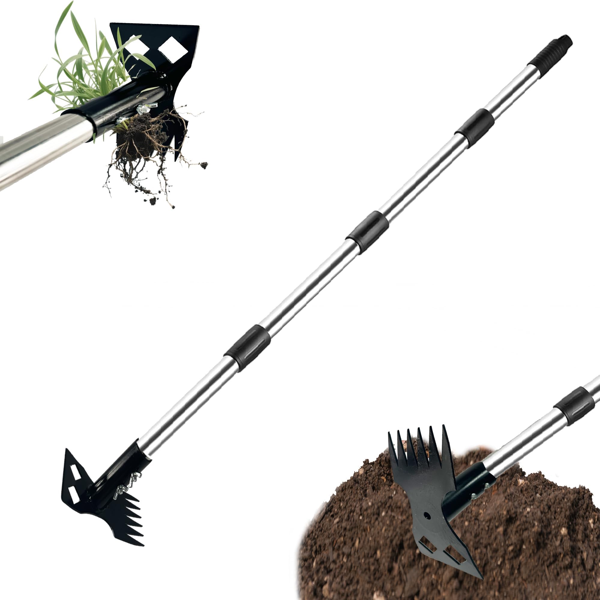 Estrattore di erbacce con manico lungo, manico staccabile da 148 cm, rastrello manuale 2 in 1 e zappa da giardino, resistente per dente di leone, cortile, prato, patio, giardino (nero)