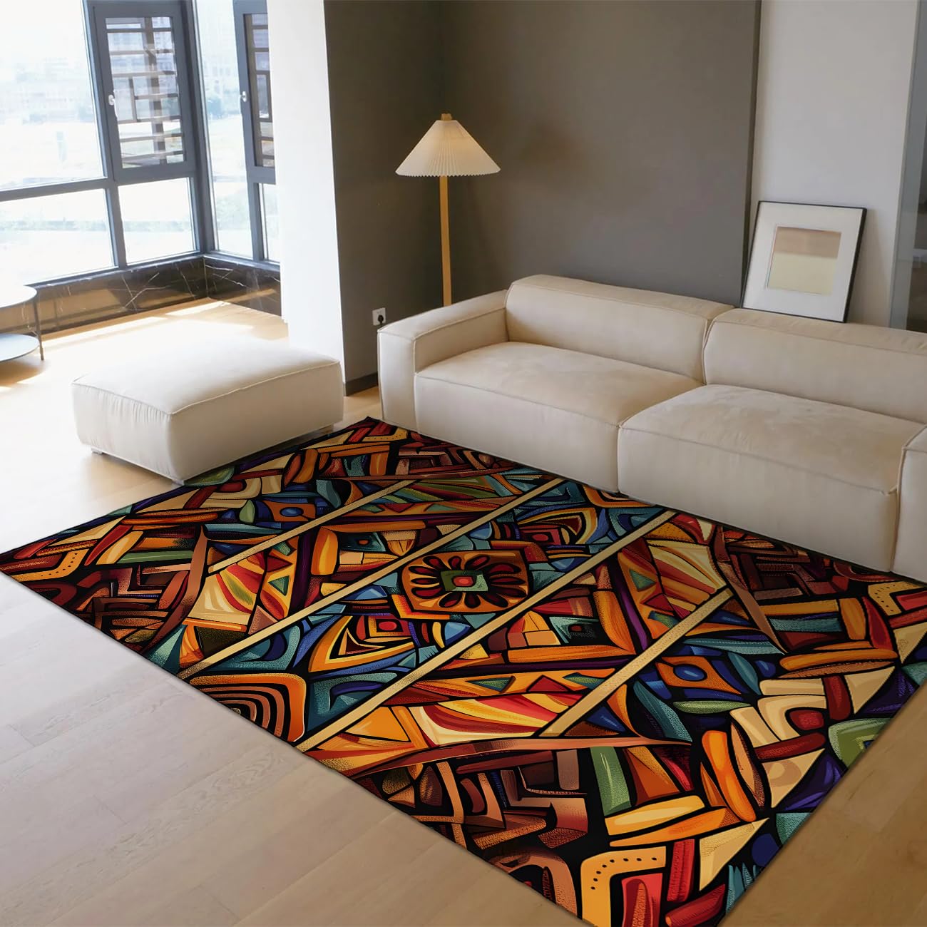 Lebendiger tribaler geometrischer Teppich 180x270 waschbar rutschfest für Wohnzimmer niedrigflorig Nicht abfallend glasgestrichen ultraweich für Eingang Schlafzimmer Boho Ethno