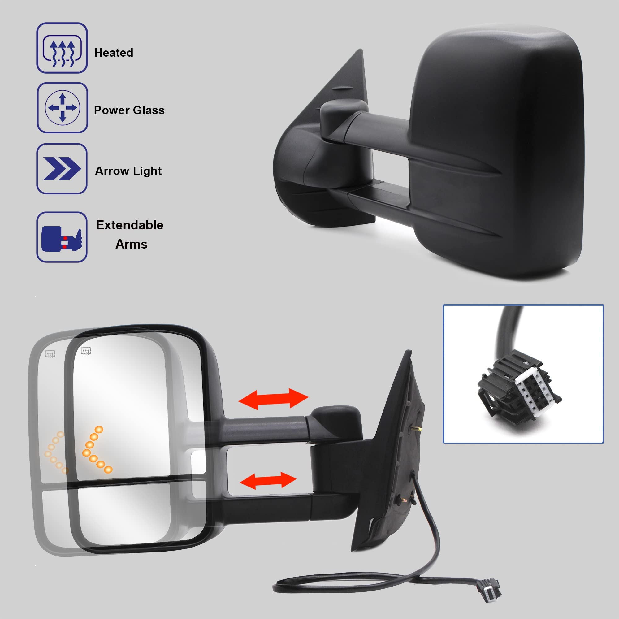WLLW Towing Mirrors fit for 2007-2014 Chevy Silverado 1500 2500 3500 Suburban GMC Sierra Yukon with Power Heated LED Arrow Signal Light Manual Folding Telescoping Black Cap