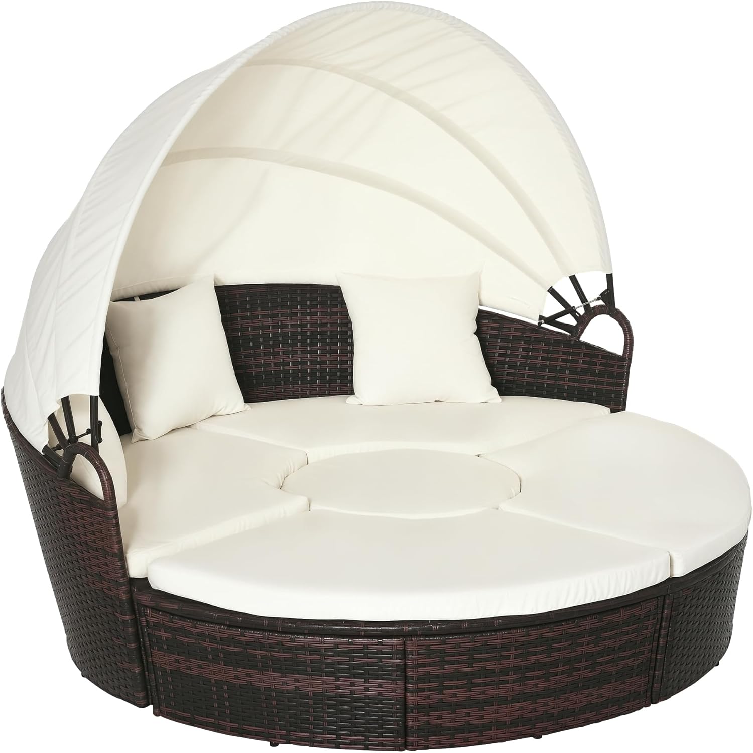 Outsunny 4-Piece Round Convertible Daybed with Cushions, Outdoor PE Rattan Patio Wicker Sofa Set, Sunbed with Adjustable Sun Canopy, Sectional Sofa, 2 Chairs, Table, 3 Pillows, Cream White