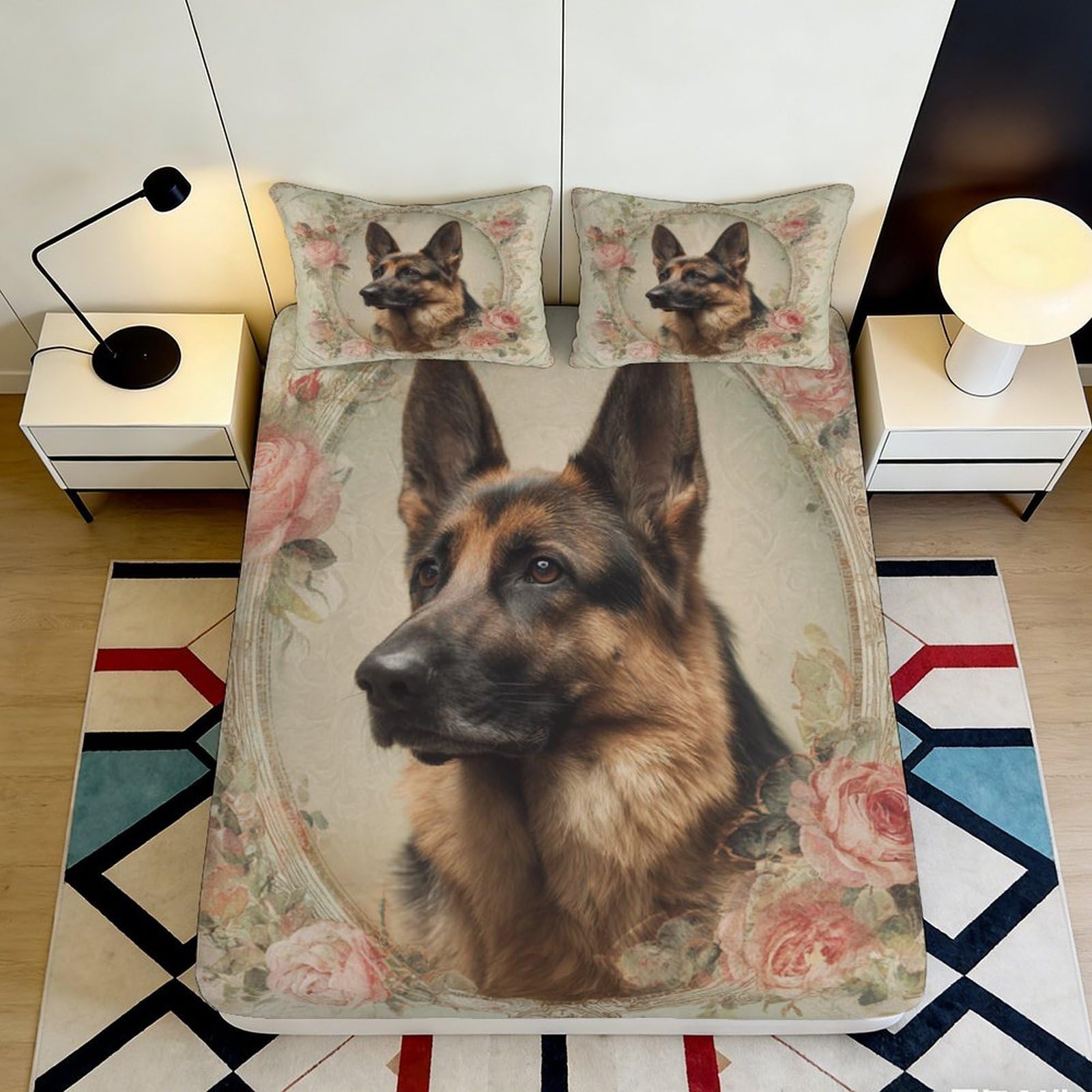 3D Printed German Shepherd Floral Fitted Sheet Microfiber Soft Non-Slip Bed Cover for Bedroom Dorm Mattress Decor 120x200cm 200x200x25cm