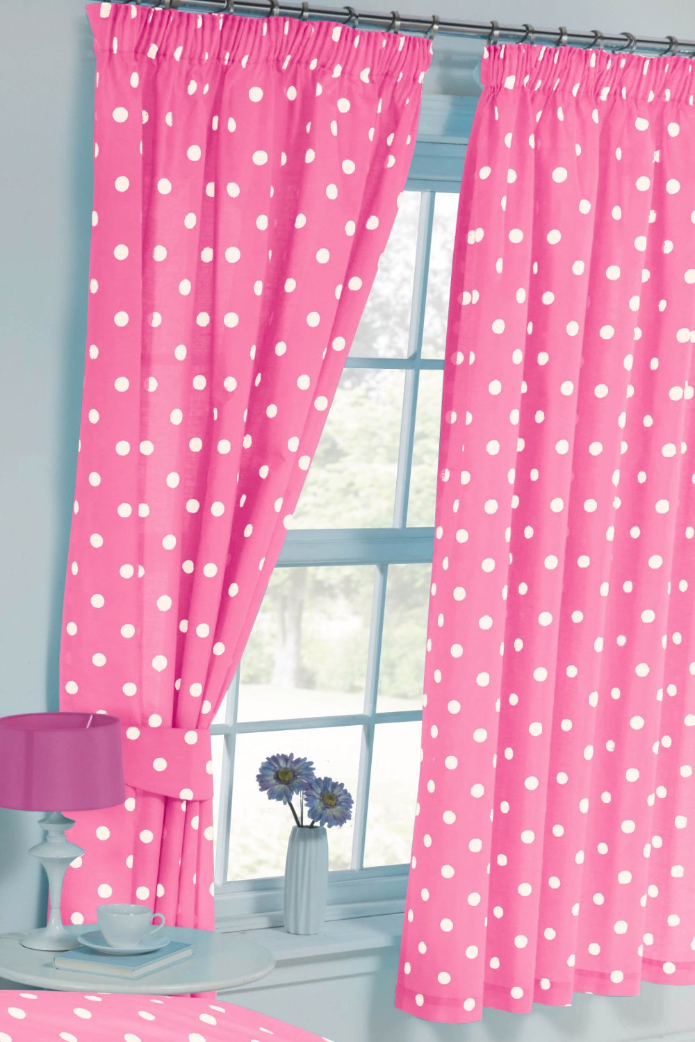 My Home Pink, White 66"X54" Polka Dot Pink/White, Curtains + Matching Tie-Backs, Modern Spot Dot Design
