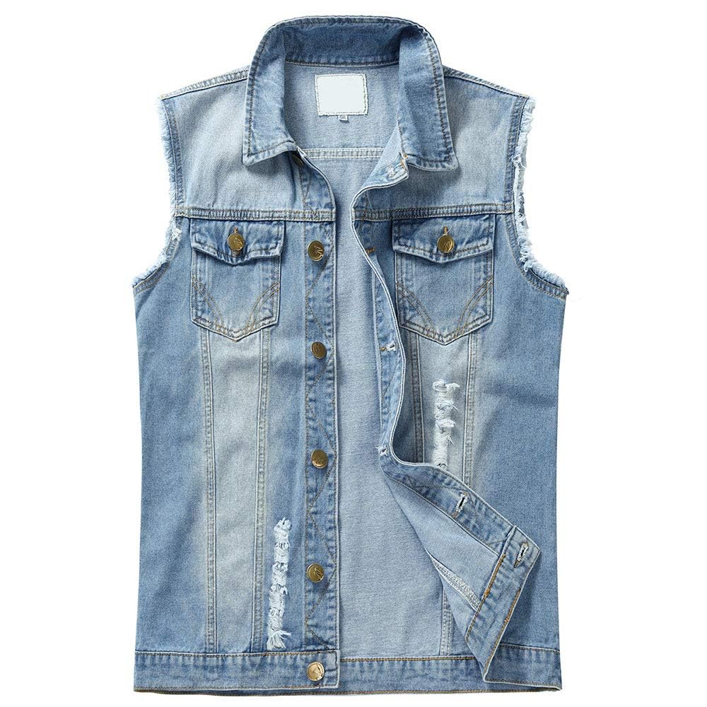 YOUTHUP Weste Herren Denim Casual Zerrissen Jeansweste Outdoor Vintage | Freizeitweste, Ärmellose, Ausgefranste, Knopfleiste, Umlegekragen, Blau