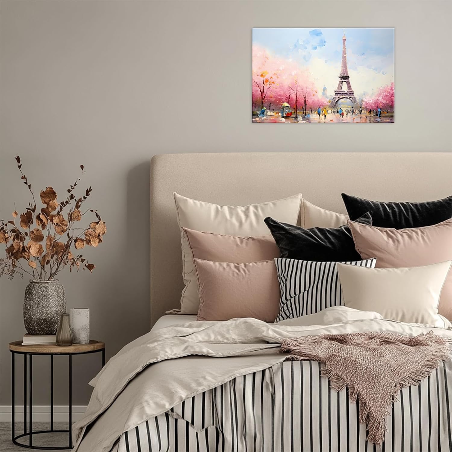 GLOKAKA Eiffel Tower Canvas Wall Art Watercolor Paris Street Pink Trees Landscape Art Poster French Spring Picture Print for Travel Lovers Bedroom Wall Decor(Artwork-1,24"x36")