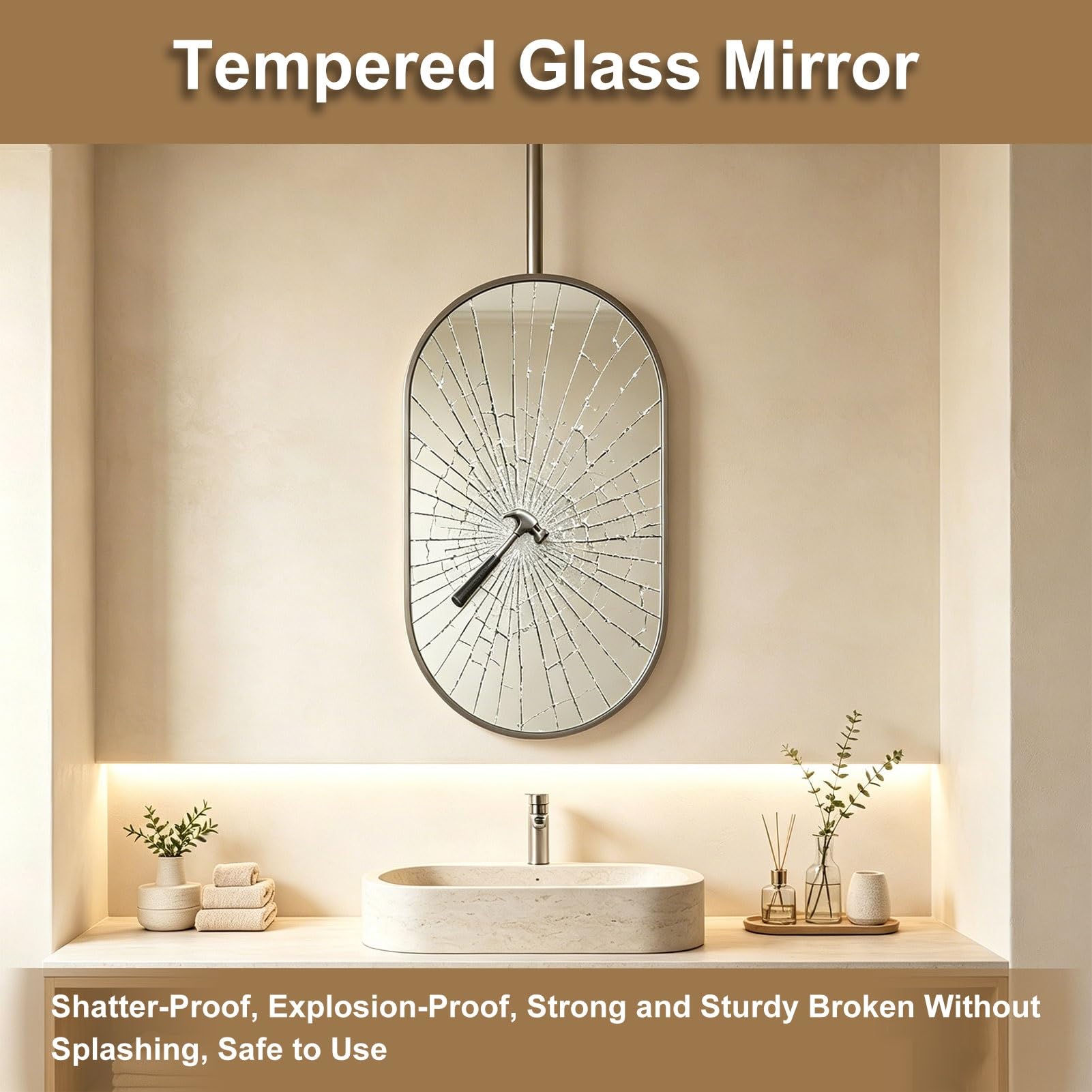 Miroirs de rasage vanité de salle de bains avec tige suspendue au plafond | Miroir monté au plafond avec cadre et flèche en acier inoxydable brossé(Silver,50cmx60cm)