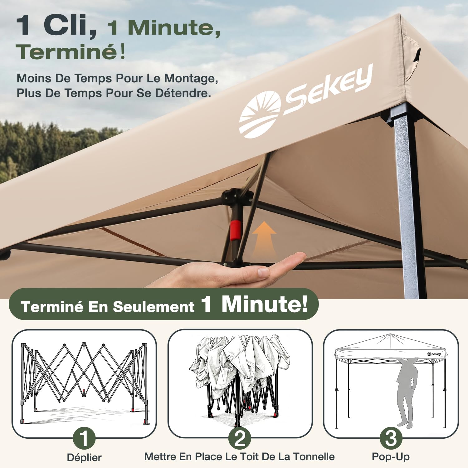 Sekey Tonnelle de Jardin 3x3m Imperméable Pop up, Barnum Pliant 3x3 avec Rideaux, Tonnelle de Jardin Exterieur, Anti UV Respirable Hauteur Réglable