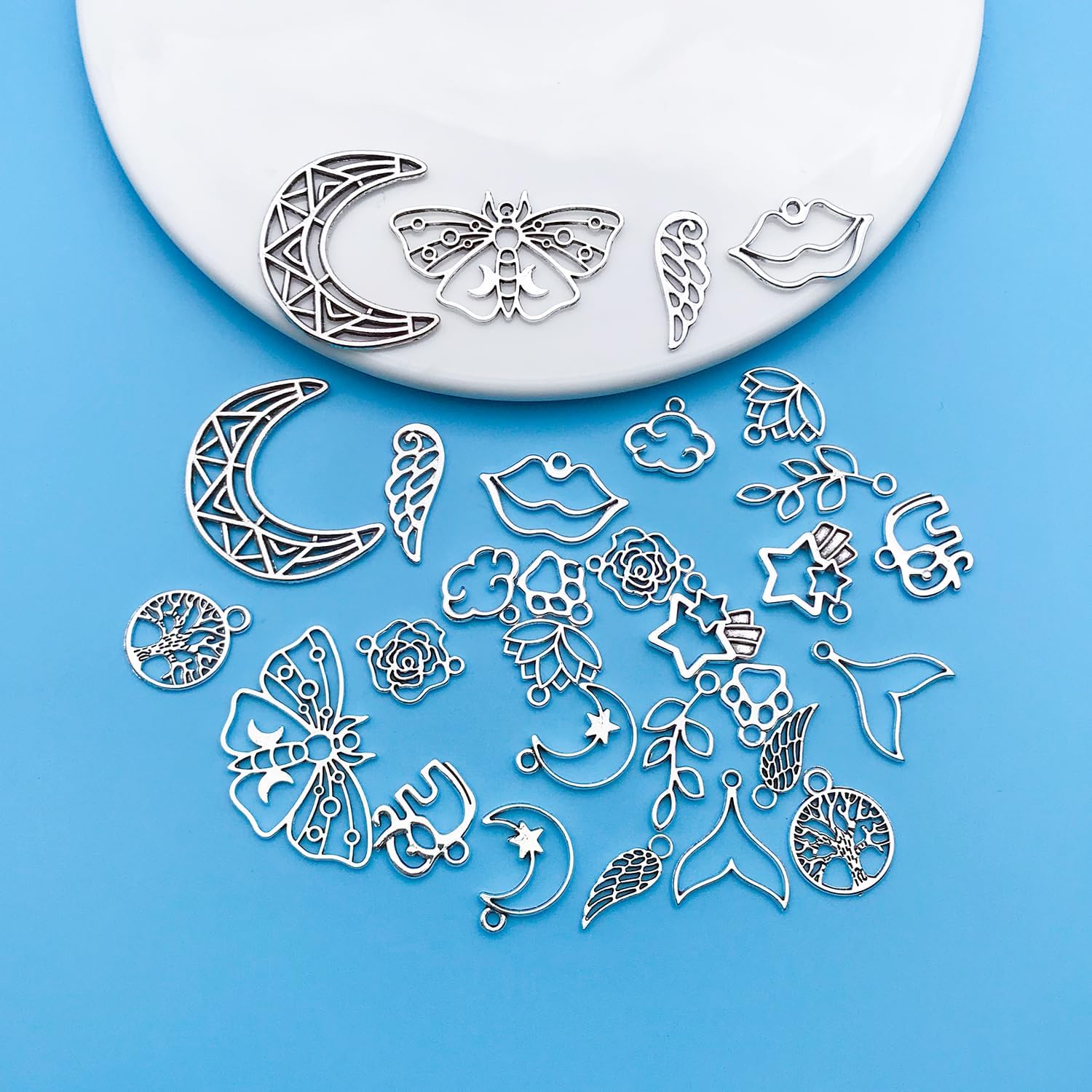 Youdiyla 120Pieces Moons Stars Butterflies Antique Silver Pendant Jewelry Making DIY Keychain Earrings Pendant Various Design Charms for Jewelry Making Bracelets Necklace (SN650) - Image 4