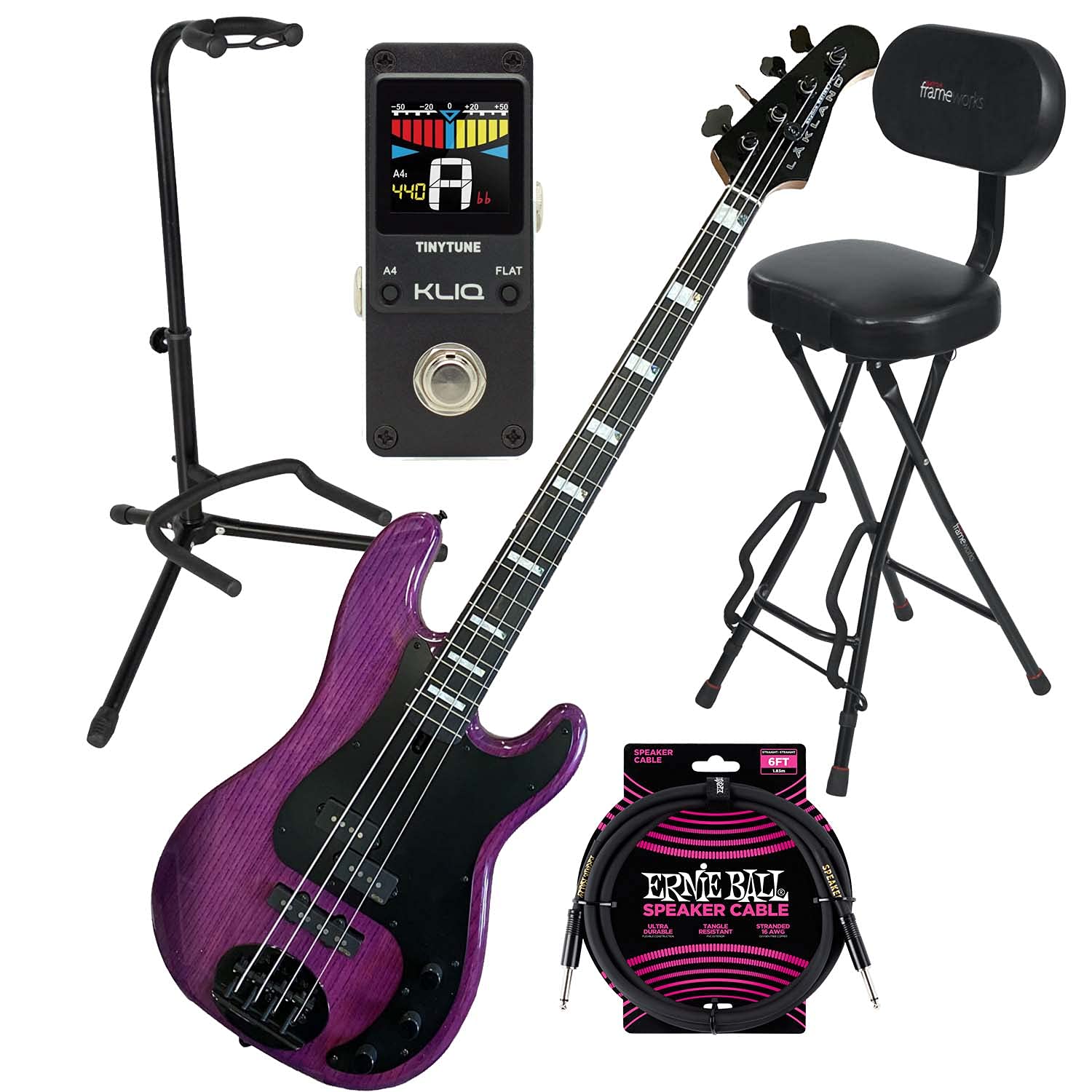 Clutch Lakland Skyline 44-64 GZ Bass Guitar,Translucent Purple, Gator GFW-GTR-1000 Stand, GFW-GTR-SEAT, EBall Cable, KLIQ TinyTune Bundle
