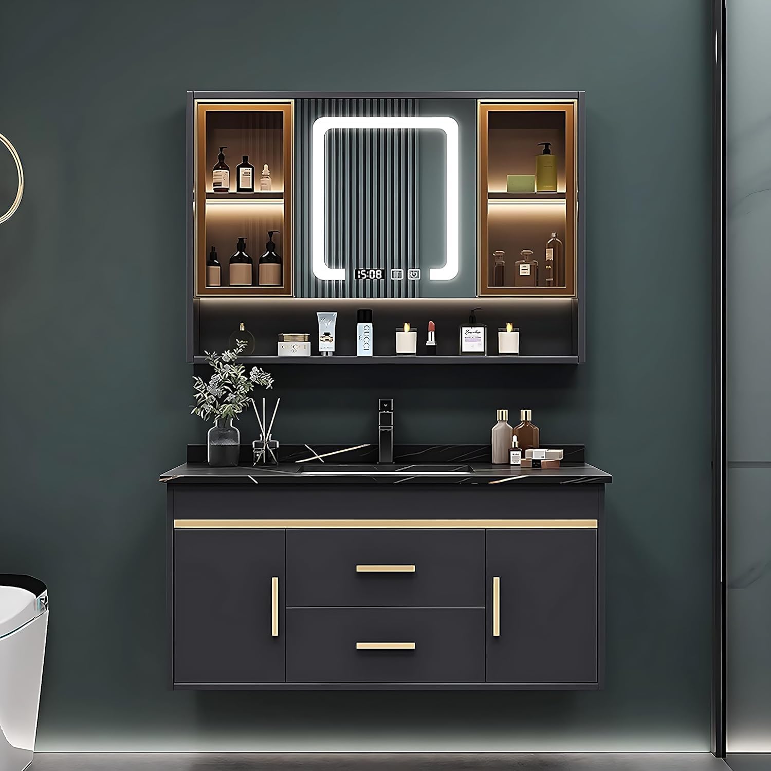 Floating Bathroom Vanity with Sink - Modern Bathroom Vanity with Sink and Smart Defogging Mirror | Solid Wood Freestanding Bathroom Sink Cabinet (36'')