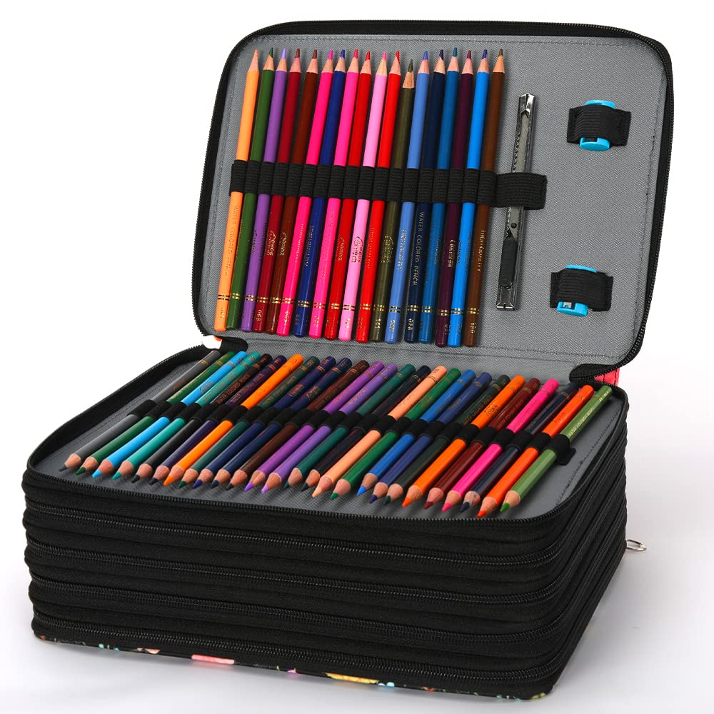 Trousse à crayons de couleur – 252 emplacements avec fermeture éclair en tissu sergé de grande capacité, motif rose, pour étudiant ou artiste (fleur noire)