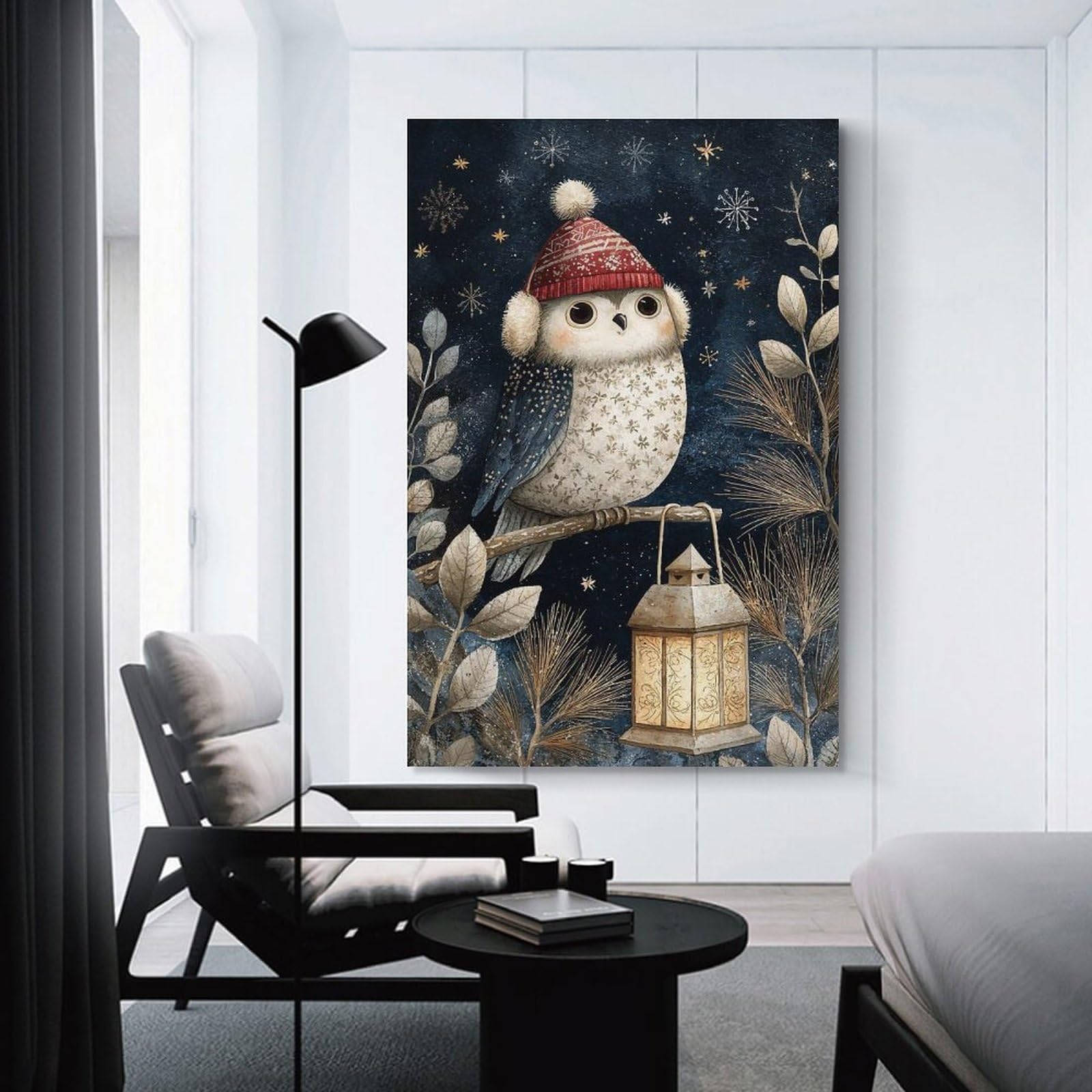 Junmoney Unframe-Style-10 Winter Owl With Lantern Illustration Hanging Wall Art, 20X30inch(50X75cm), For Entrance Walls, Hall Decor Or Foyers, Wall Decor To Refresh Empty Corners