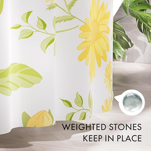 Miniatura 7 de AmazerBath - Juego de cortina de tela para ducha con 12 ganchos, cortina bohemia con diseño de gerbera amarilla, cortina lavable para ducha y baño,