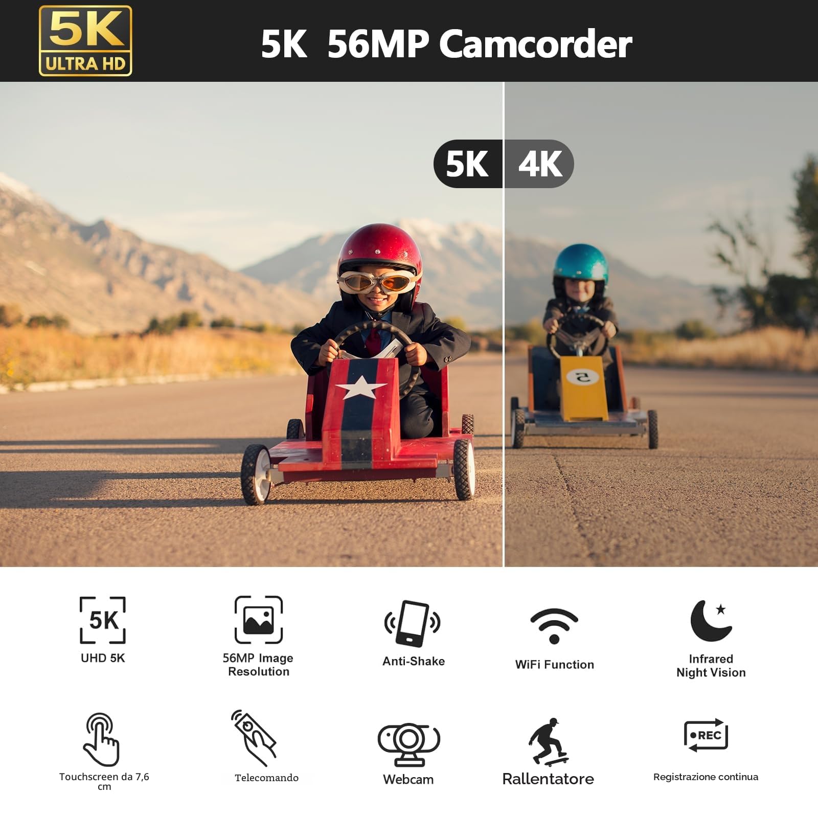 Videocamera 5K 56MP WiFi 16X Zoom Digitale con IR Visione Notturna Vlogging Camera, 3.0" IPS Schermo Video Camera per Youtube con Stabilizzatore, Scheda SD da 64 GB, Telecomando, Microfono, batterie